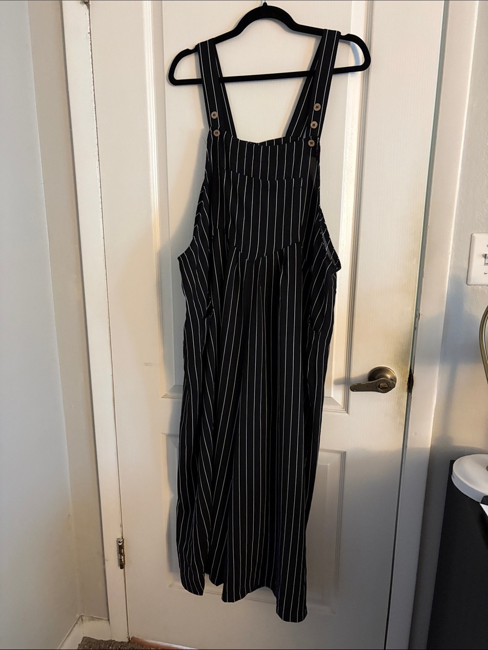 Striped Black Wide-Leg Pinstripe Jumpsuit with Adjustable Straps
